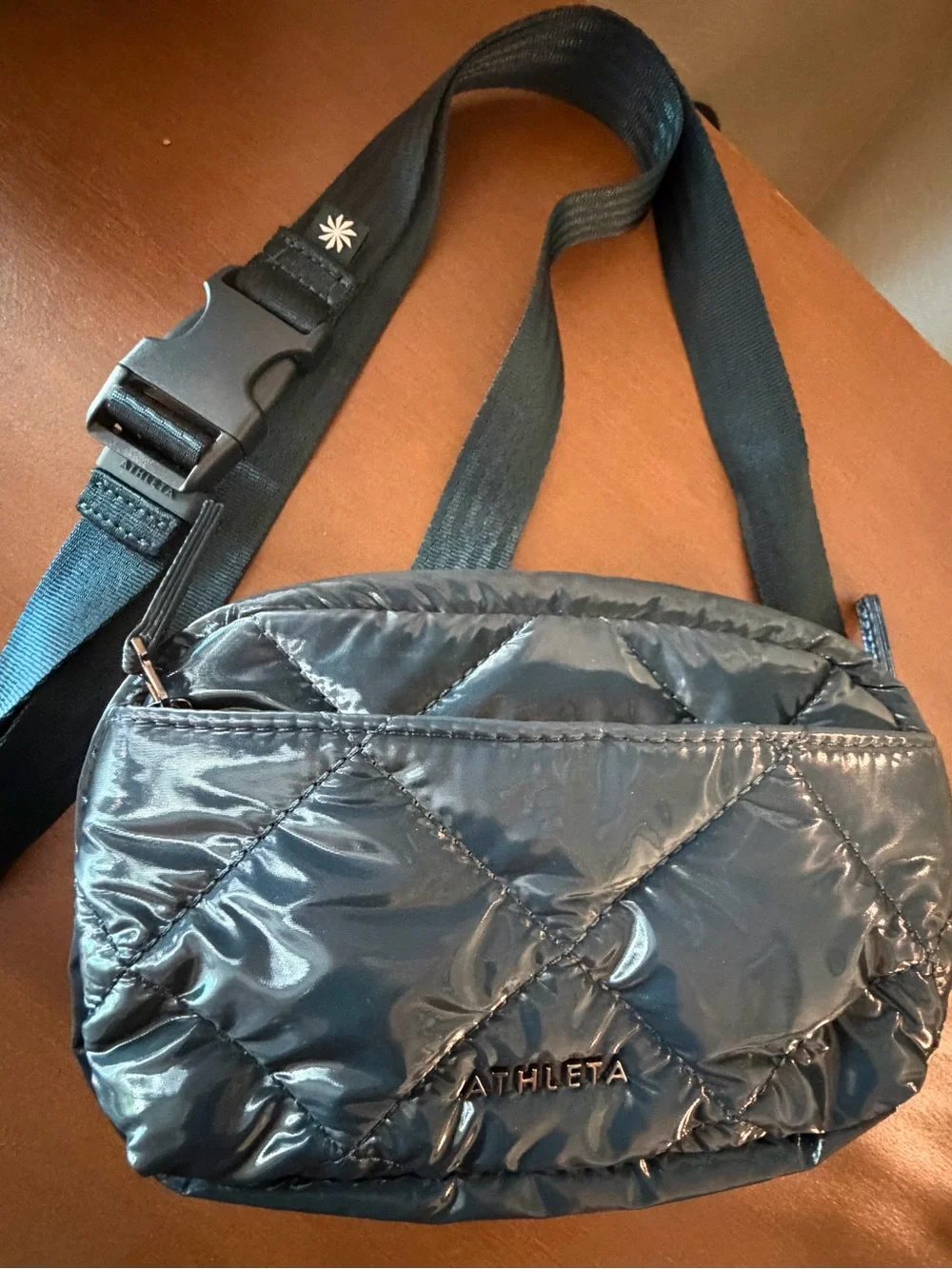 Athleta Shiny Quilted Dark Teal Crossbody Pouch